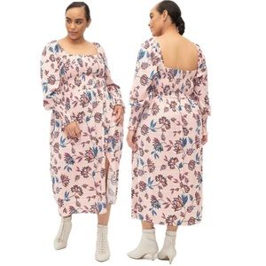 Eloquii Elements Midi Dress Plus Size 2X (18-20) Pink Floral Print Smocked